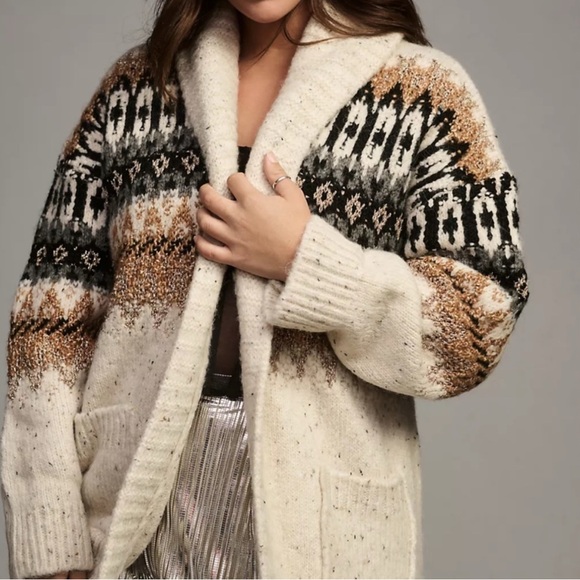 NWT Anthropologie Holiday Fairisle open Front Shawl Collar Cardigan Sz L NWT - Picture 1 of 16